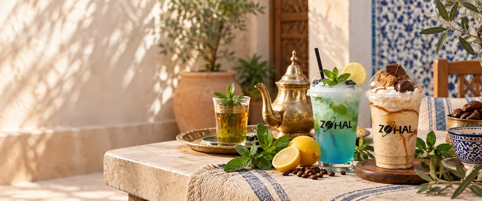 Tasses artisanales sur un plateau en laiton